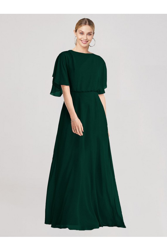 Evergreen Trapèze Col rond Mousseline Longue Robes demoiselle d'honneur Grossiste