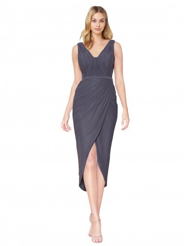 Gris ardoise Sirène Col V Mousseline Courte Asymétrique Robes demoiselle d'honneur / Robes de soirée / Robes de bal Grossiste