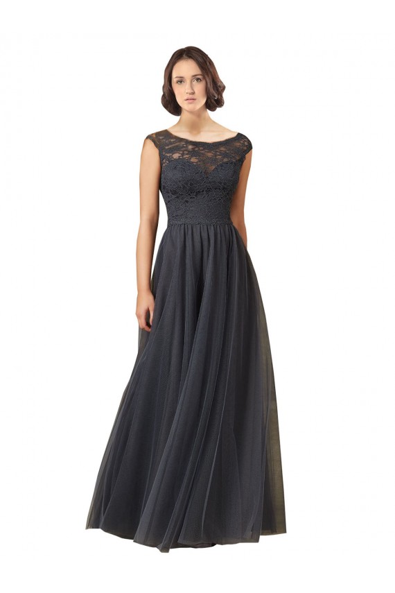 Gris ardoise Trapèze Bateau Tulle Dentelle Longue Robes demoiselle d'honneur Grossiste
