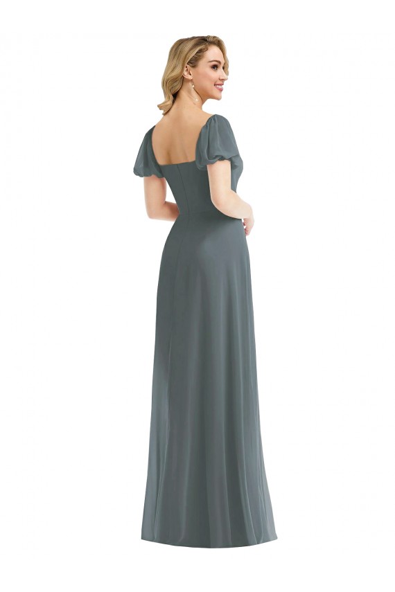 Gris ardoise Trapèze Col Carré Mousseline Longue Robes demoiselle d'honneur Grossiste