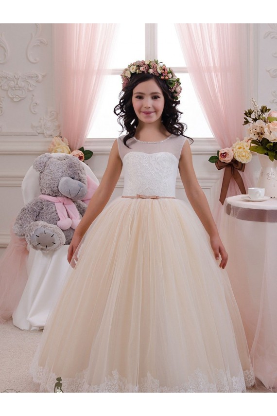 Ivoire & Champagne Princesse Tulle Dentelle Longue Robes de demoiselle d'honneur - fillette Grossiste