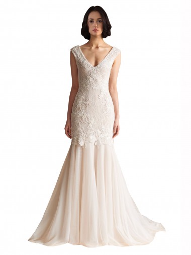 Ivoire & Champagne Sirène Col V Balayage train Tulle Robes de mariée Grossiste