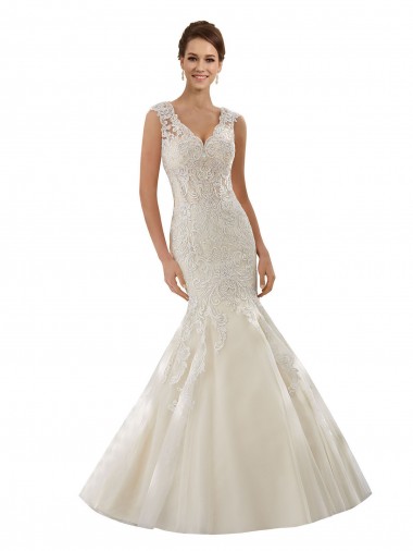 Ivoire & Champagne Sirène Col V Tulle Dentelle Robes de mariée Grossiste
