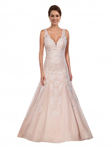 Ivoire & Champagne Trapèze Col V Dentelle Classique Robes de mariée Grossiste