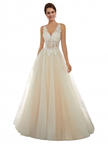 Ivoire & Champagne Trapèze Col V Tulle Dentelle Classique Robes de mariée Grossiste
