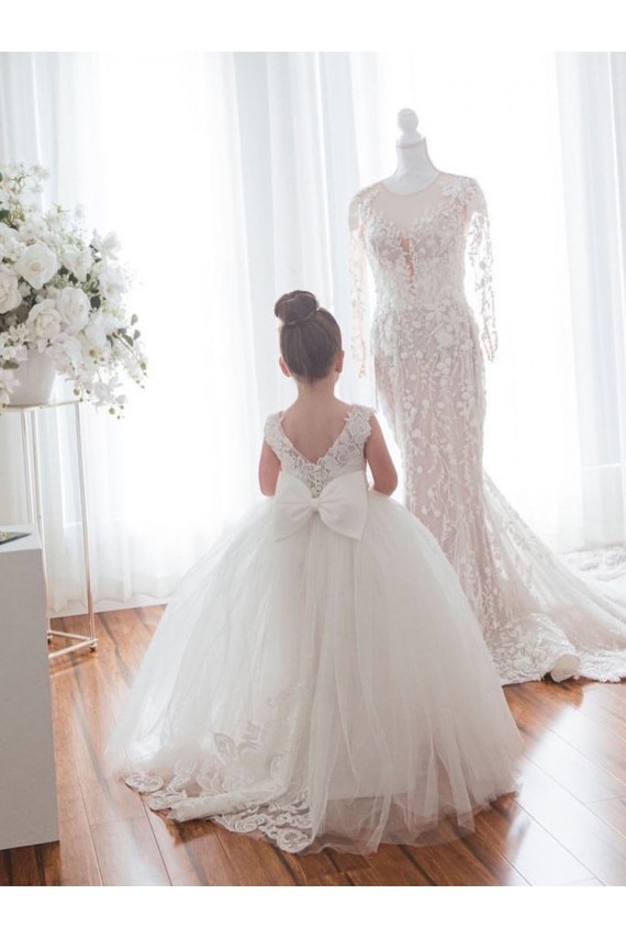 Ivoire Princesse Bateau Tulle Dentelle Longue Robes de demoiselle d'honneur - fillette Grossiste