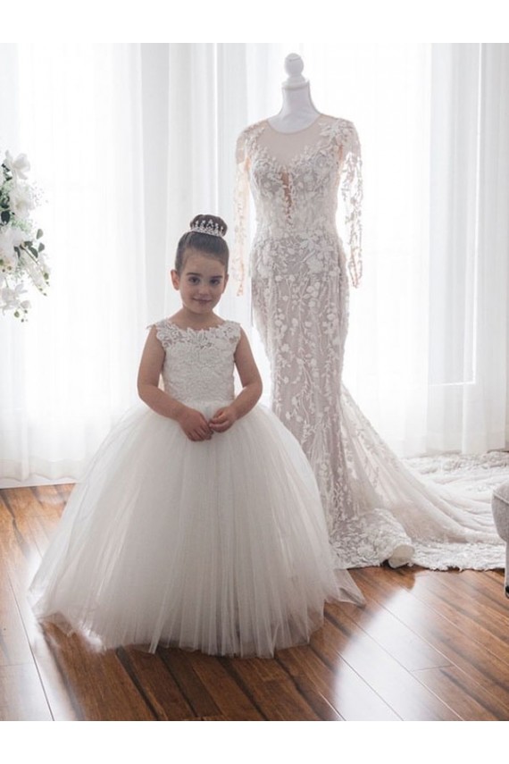 Ivoire Princesse Bateau Tulle Dentelle Longue Robes de demoiselle d'honneur - fillette Grossiste