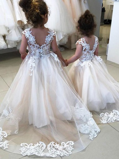 Ivoire Princesse Bateau Tulle Dentelle Longue Robes de demoiselle d'honneur - fillette Grossiste