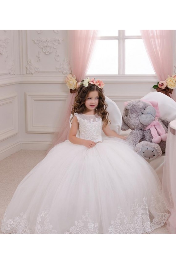 Ivoire Princesse Bateau Tulle Dentelle Longue Robes de demoiselle d'honneur - fillette Grossiste