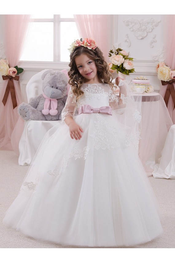Ivoire Princesse Bateau Tulle Dentelle Longue Robes de demoiselle d'honneur - fillette Grossiste