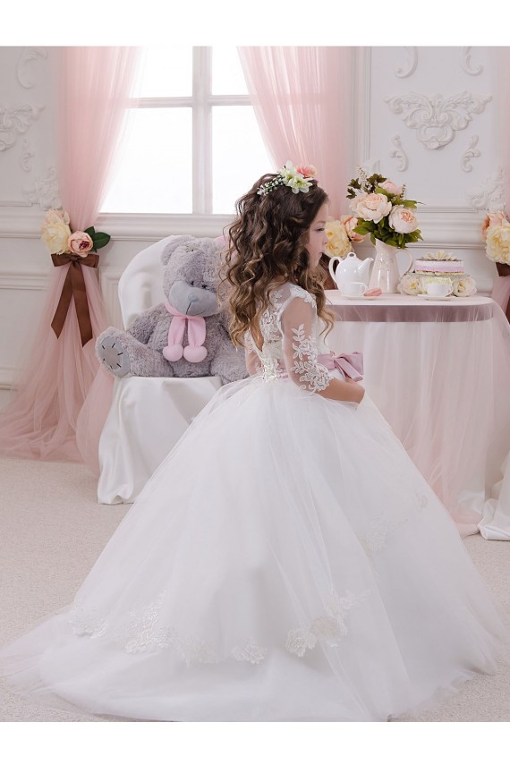Ivoire Princesse Bateau Tulle Dentelle Longue Robes de demoiselle d'honneur - fillette Grossiste
