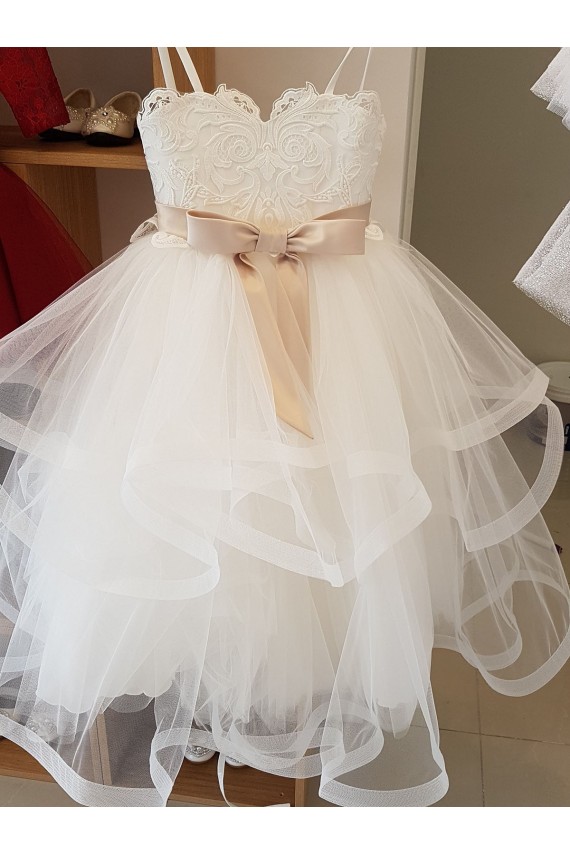 Ivoire Princesse Col Haut Tulle Dentelle Longue Robes de demoiselle d'honneur - fillette Grossiste