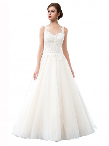 Ivoire Trapèze Illusion Traîne cathédrale Tulle Dentelle Plage Robes de mariée Grossiste