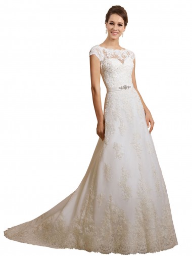 Ivoire Trapèze Illusion Tulle Dentelle Classique Robes de mariée Grossiste