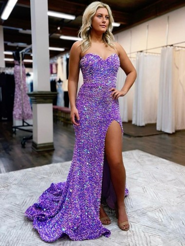 Lavande Trapèze Traîne moyenne Paillettes Velours Longue Robes de bal Grossiste
