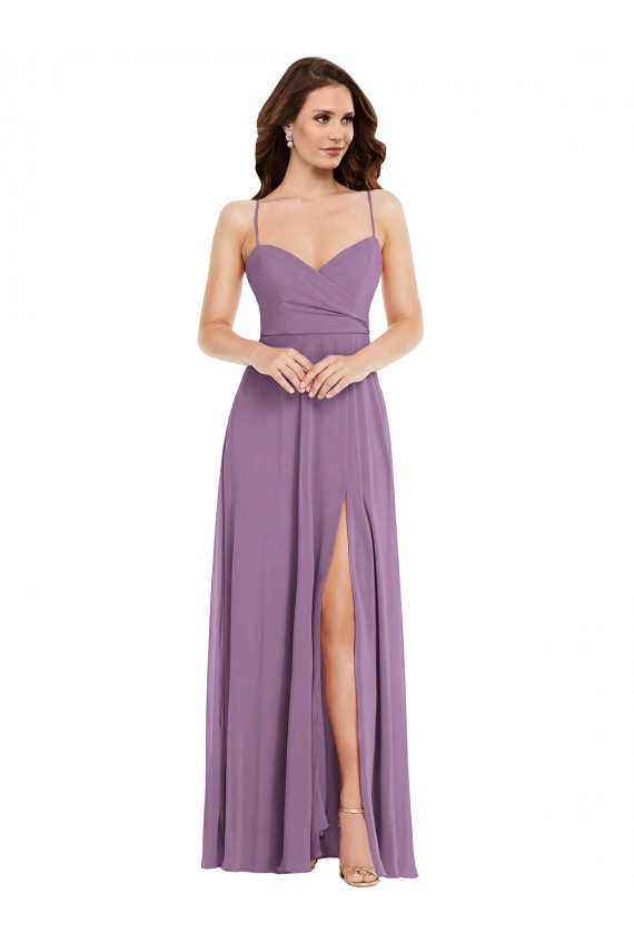 Lavande foncée Trapèze Bretelles spaghetti Mousseline Longue Robes demoiselle d'honneur Grossiste