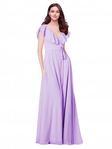 Lilas Trapèze Col V Mousseline Longue Robes demoiselle d'honneur Grossiste
