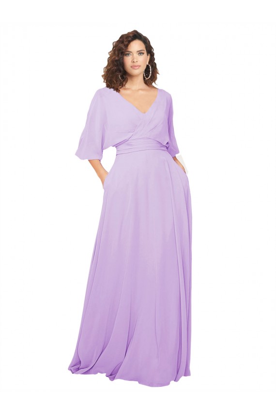 Lilas Trapèze Col V Mousseline Longue Robes demoiselle d'honneur Grossiste