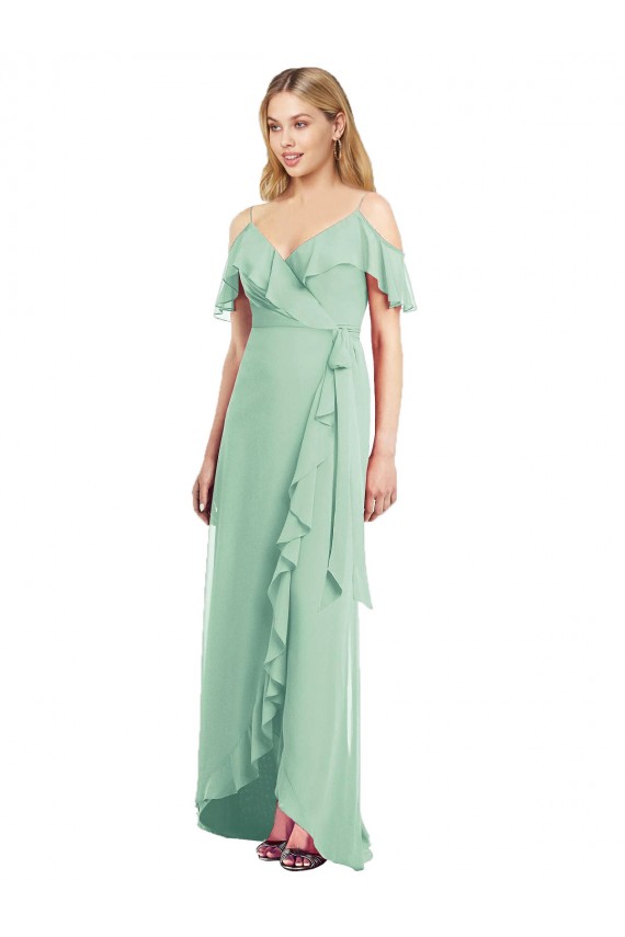 Menthe verte Trompette Bretelles spaghetti Col V Mousseline Longue Asymétrique Robes demoiselle d'honneur Grossiste