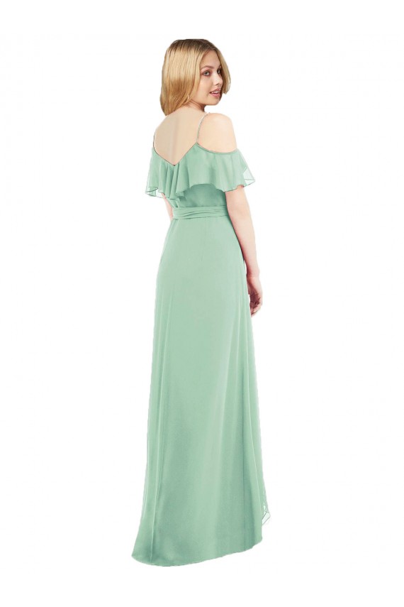 Menthe verte Trompette Bretelles spaghetti Col V Mousseline Longue Asymétrique Robes demoiselle d'honneur Grossiste
