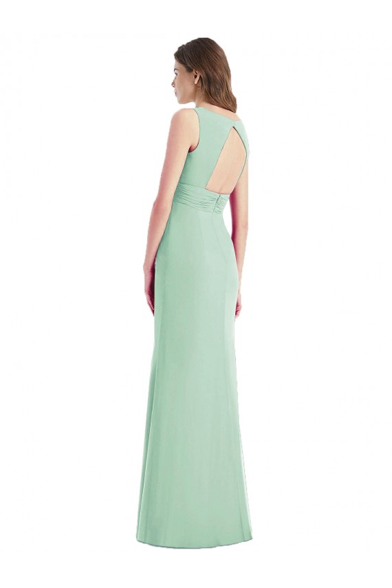 Menthe verte Trompette Col V Mousseline Longue Robes demoiselle d'honneur Grossiste