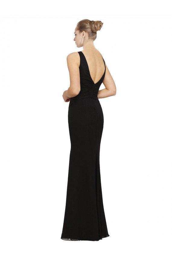Noir Fourreau Col V Mousseline Longue Robes demoiselle d'honneur Grossiste