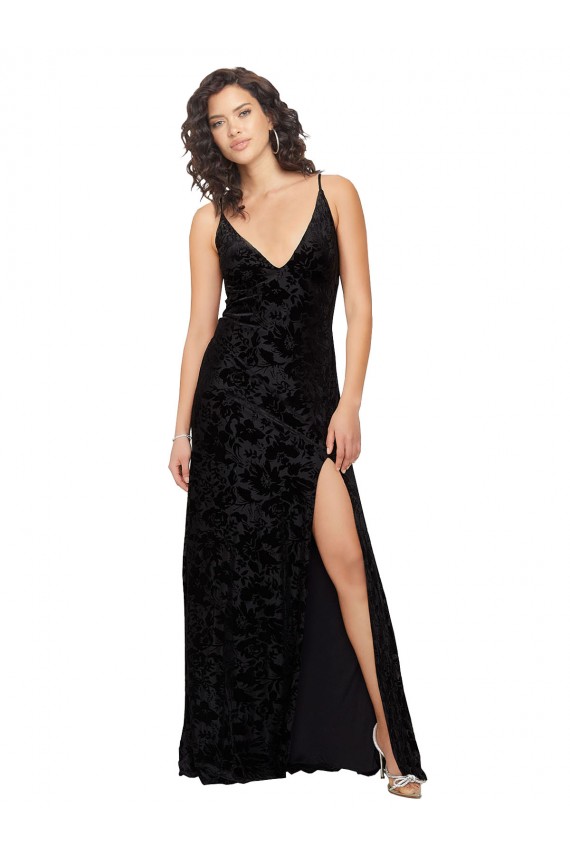 Noir Fourreau Col V Velours Floral Velours Stretch Longue Robes demoiselle d'honneur Grossiste
