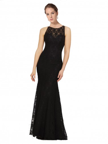 Noir Fourreau Col bijou Dentelle Longue Robes demoiselle d'honneur Grossiste
