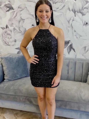Noir Fourreau Licou Courte Paillettes Velours Courte Robes de bal Grossiste