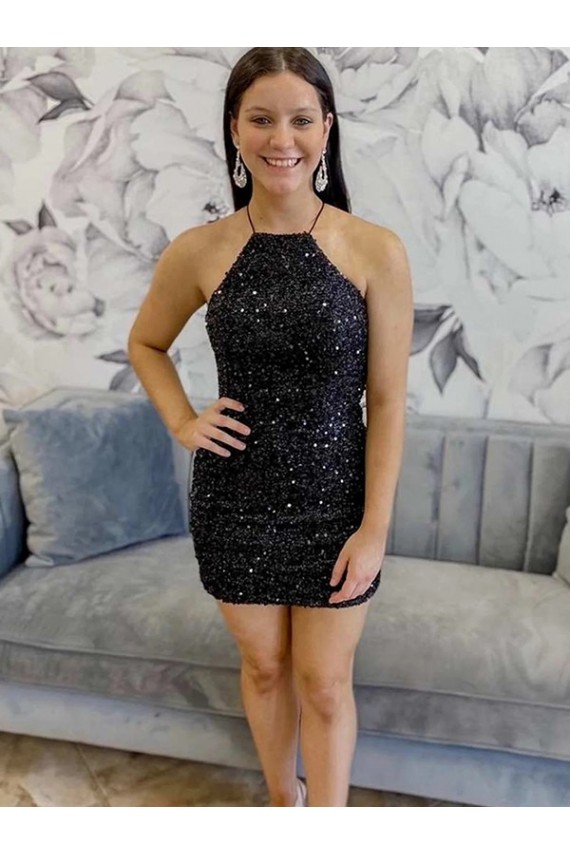 Noir Fourreau Licou Courte Paillettes Velours Courte Robes de bal Grossiste