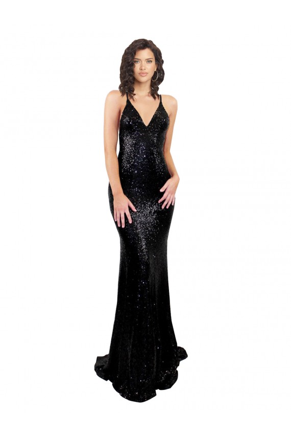 Noir Sirène Col V Paillette Longue Formelles Robes demoiselle d'honneur / Robes de soirée / Robes de bal Grossiste