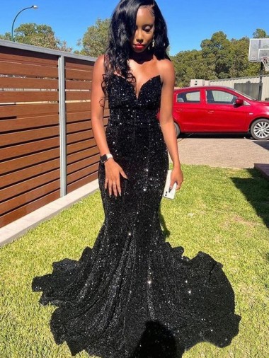 Noir Sirène Paillettes Velours Longue Robes de bal Grossiste