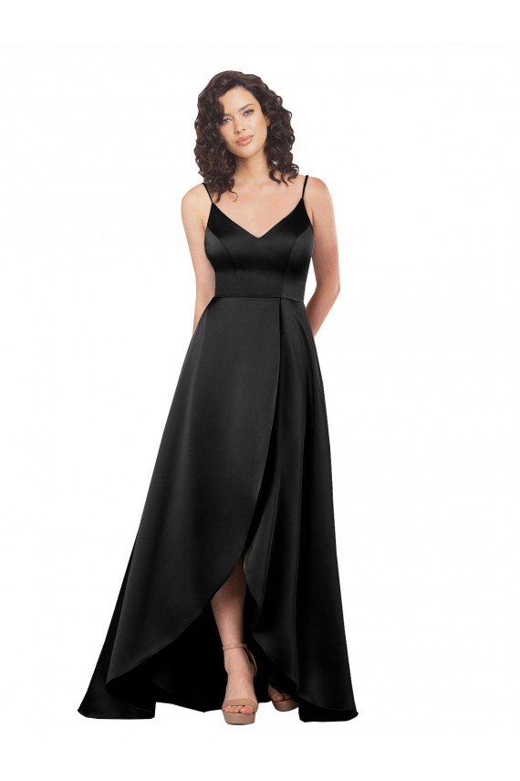 Noir Trapèze Col V Satiné Soyeux Longue Asymétrique Formelles Robes demoiselle d'honneur / Robes de soirée / Robes de bal Grossiste
