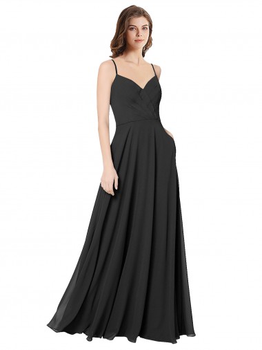 Noir Trapèze Mousseline Longue Robes demoiselle d'honneur Grossiste