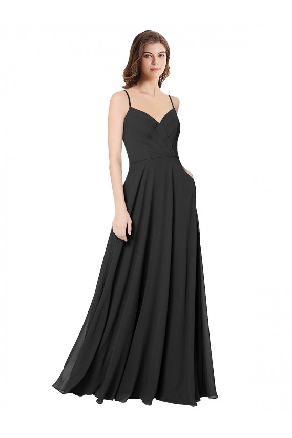 Noir Trapèze Mousseline Longue Robes demoiselle d'honneur Grossiste