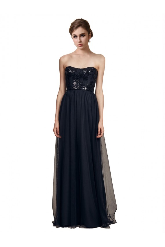 Noir Trapèze Sans bretelle Tulle Longue Robes demoiselle d'honneur Grossiste