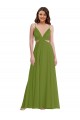 Olive verte Trapèze Col V Mousseline Longue Robes demoiselle d'honneur Grossiste