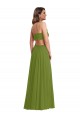 Olive verte Trapèze Col V Mousseline Longue Robes demoiselle d'honneur Grossiste