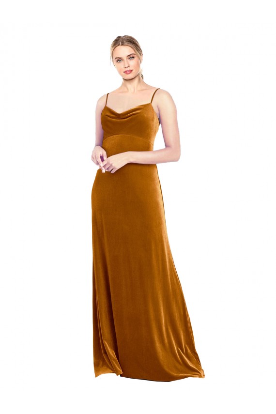 Or Trapèze Bretelles spaghetti Velours Stretch Longue Robes demoiselle d'honneur / Robes de bal Grossiste