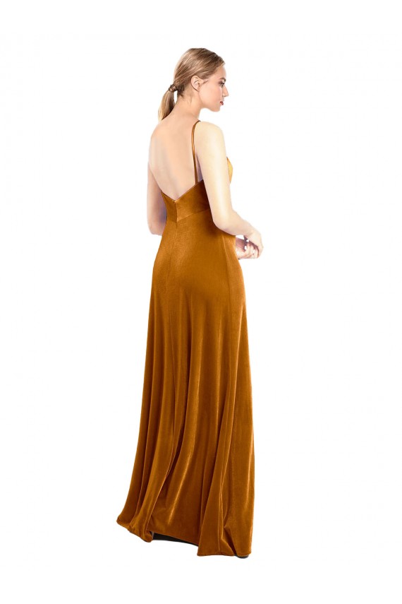 Or Trapèze Bretelles spaghetti Velours Stretch Longue Robes demoiselle d'honneur / Robes de bal Grossiste