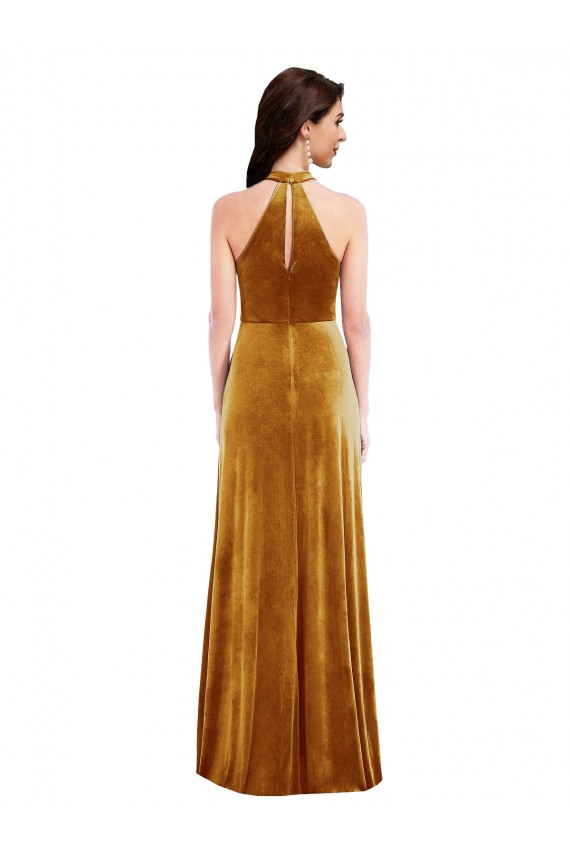 Or Trompette Licou Col Haut Velours Stretch Longue Robes demoiselle d'honneur / Robes de bal Grossiste