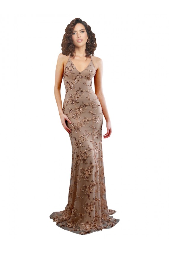 Or rose Sirène Col V Crêpe Stretch Paillette Tulle Longue Formelles Robes demoiselle d'honneur / Robes de soirée / Robes de bal Grossiste