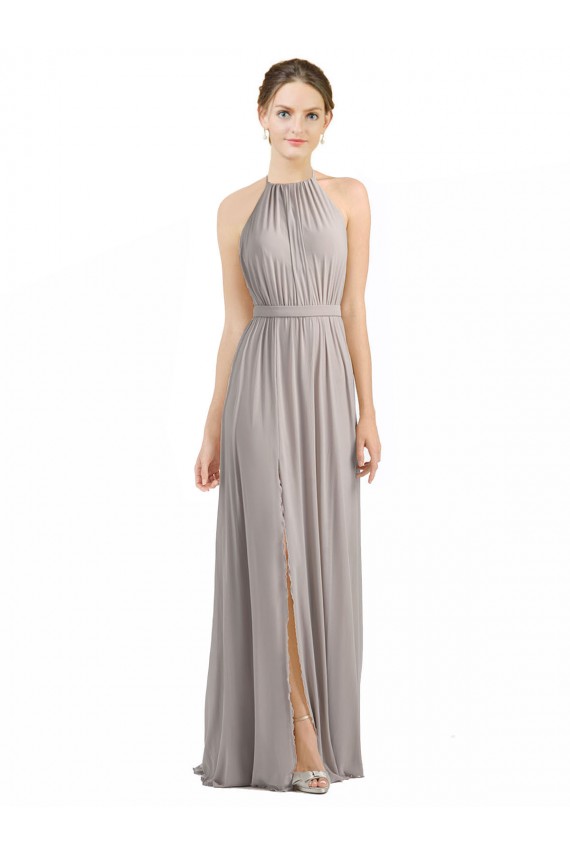 Oyster Argent Trapèze Licou Mousseline Longue Robes demoiselle d'honneur Grossiste