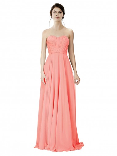Peach Trapèze Sans bretelle Mousseline Longue Robes demoiselle d'honneur Grossiste