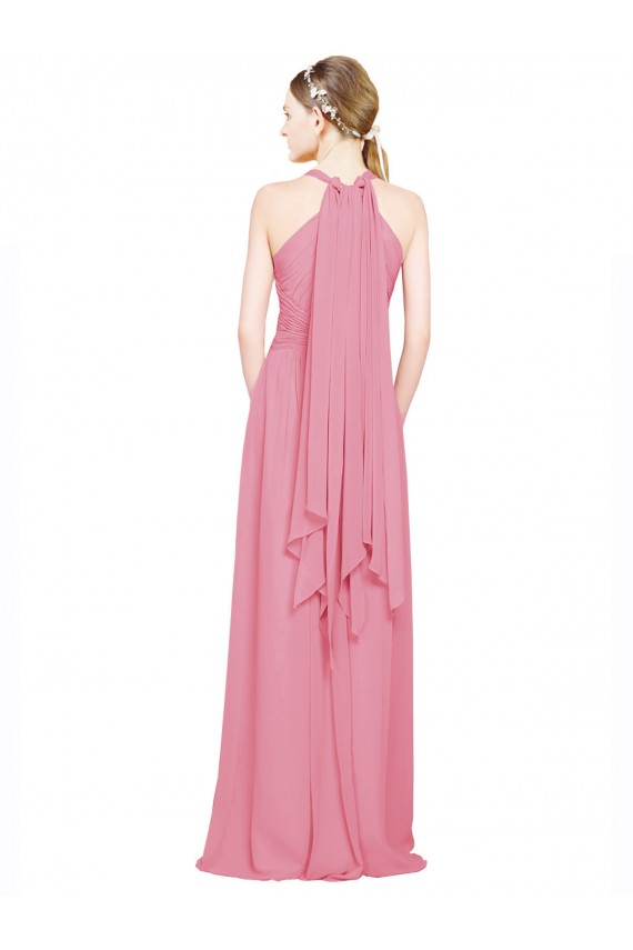 Peau Rose Trapèze Licou Col V Mousseline Longue Robes demoiselle d'honneur Grossiste