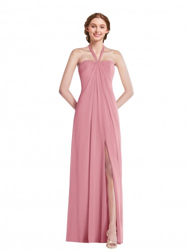 Peau Rose Trapèze Licou Mousseline Longue Robes demoiselle d'honneur Grossiste