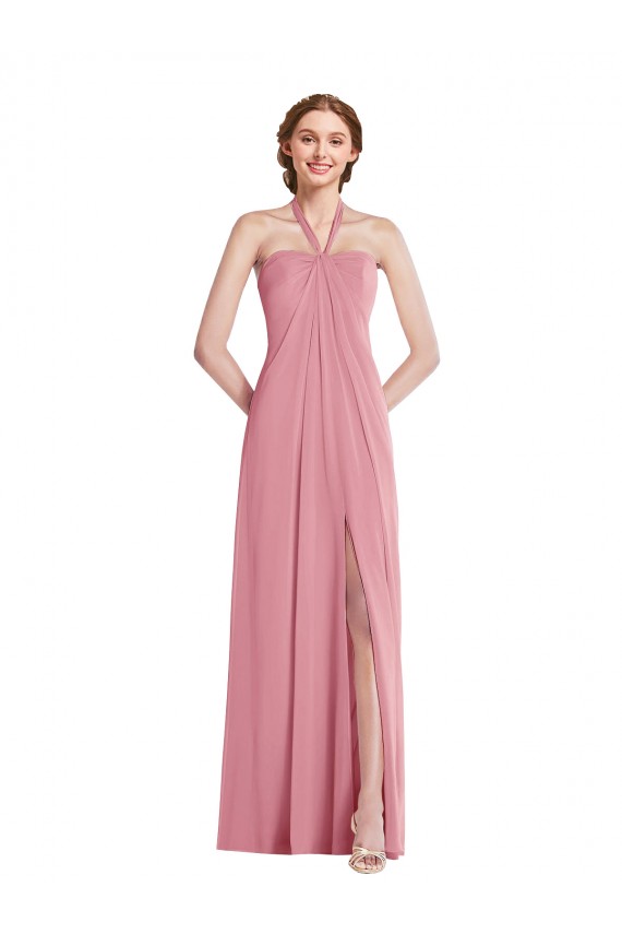 Peau Rose Trapèze Licou Mousseline Longue Robes demoiselle d'honneur Grossiste