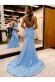 Periwinkle Fourreau Col V Balayage train Paillettes Velours Longue Robes de bal Grossiste