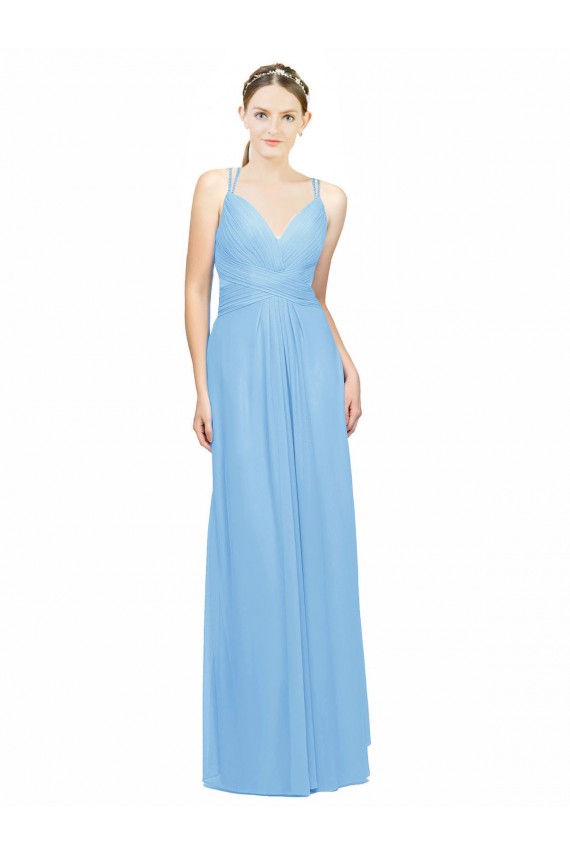 Periwinkle Trapèze Bretelles spaghetti Col V Mousseline Longue Robes demoiselle d'honneur Grossiste