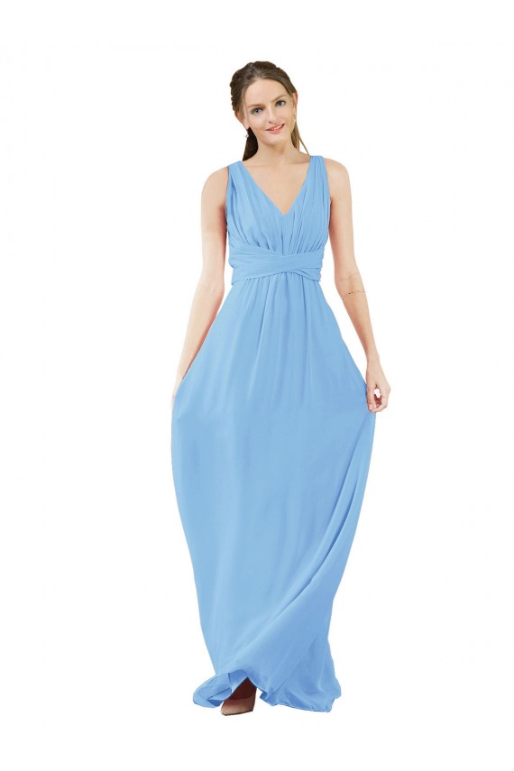 Periwinkle Trapèze Col V Mousseline Longue Robes demoiselle d'honneur Grossiste